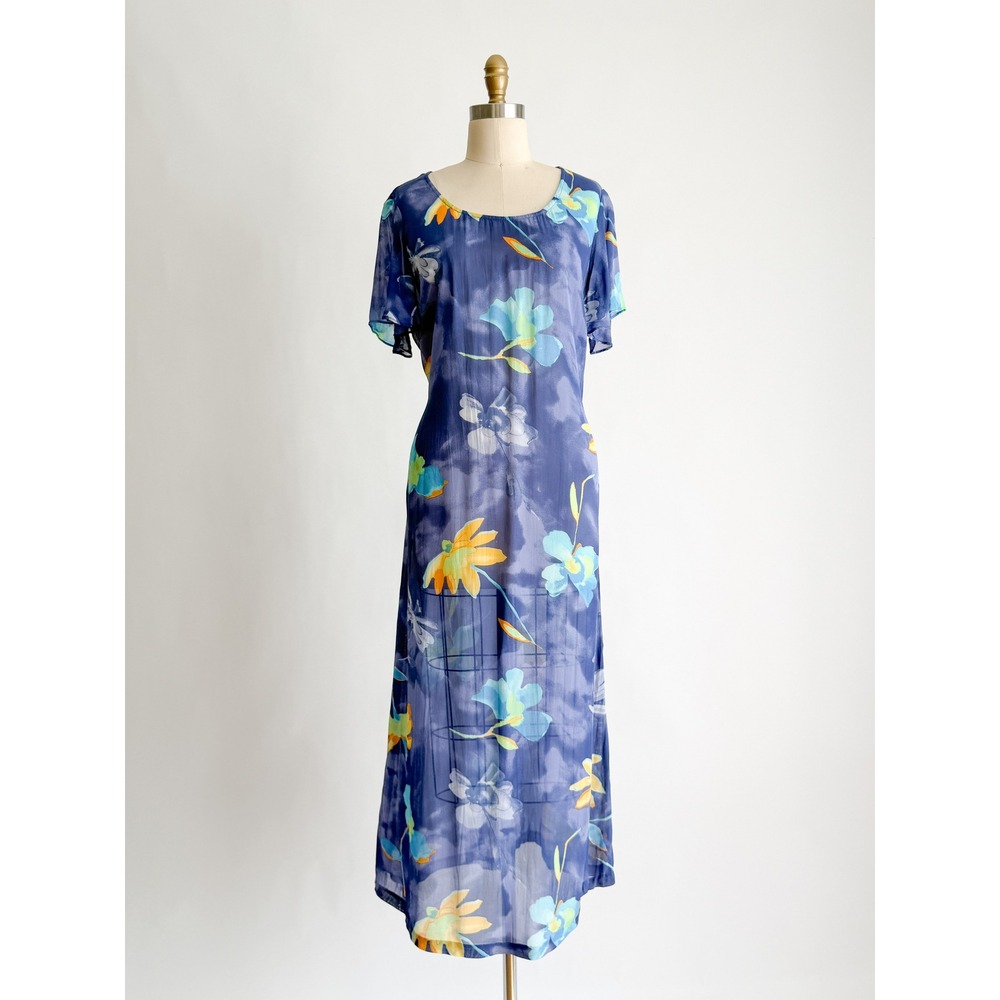 Coldwater Creek Maxi Dress Floral Sheer Boho Large Blue Short Sleeve Back Tie